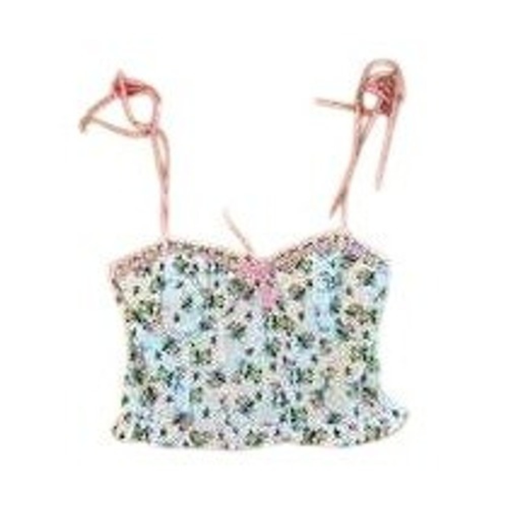 Cider Floral Lace Trim Corset Cami Top Pink Ribbon Tie Straps Cottagecore Small